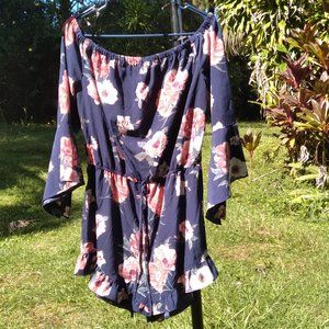 E&M Off Shoulder Drawstring Ruffle Floral Romper